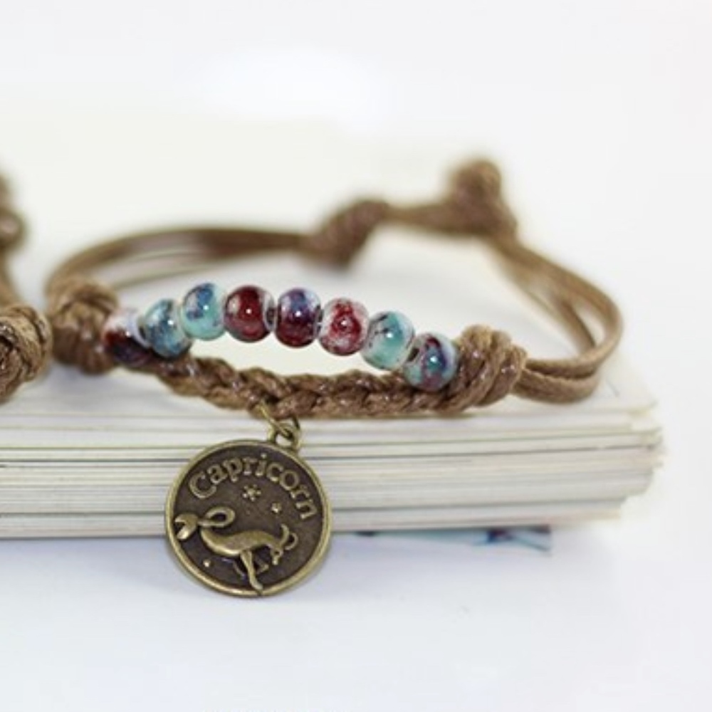 Capricorn Zodiac Coin Charm Beaded Bracelet